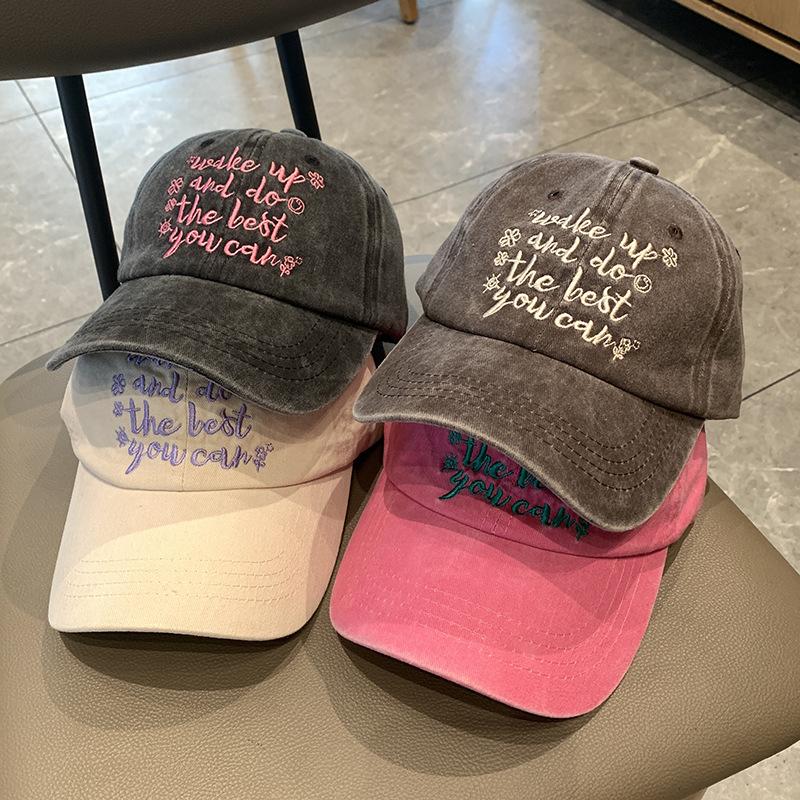 Korean-style washed letter embroidered baseball cap for women, American retro distressed duckbill cap, summer sun hat for men