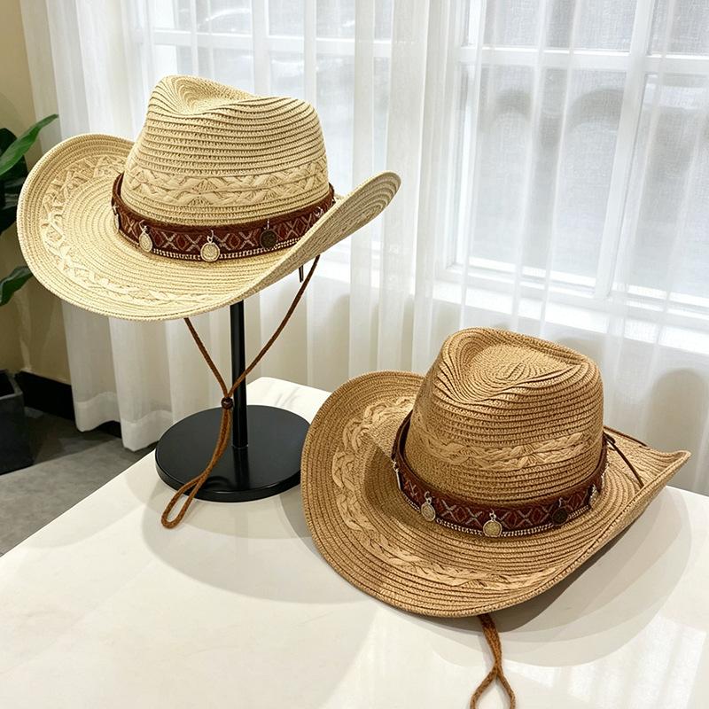 Ethnic style western cowboy hat women's summer western Sichuan travel straw weaving big eaves sunshade Panama straw hat mountaineering hat