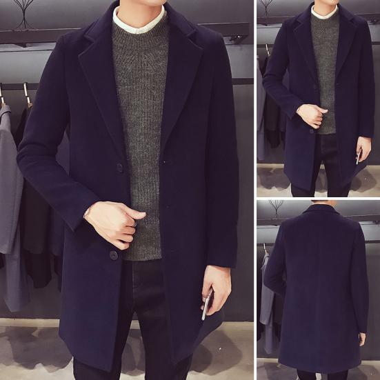 Men Suit Coat Lapel Long Sleeve Solid Color Mid-length Suit Jacket Slim Fit Single-Breasted Autumn Winter Woolen Coat