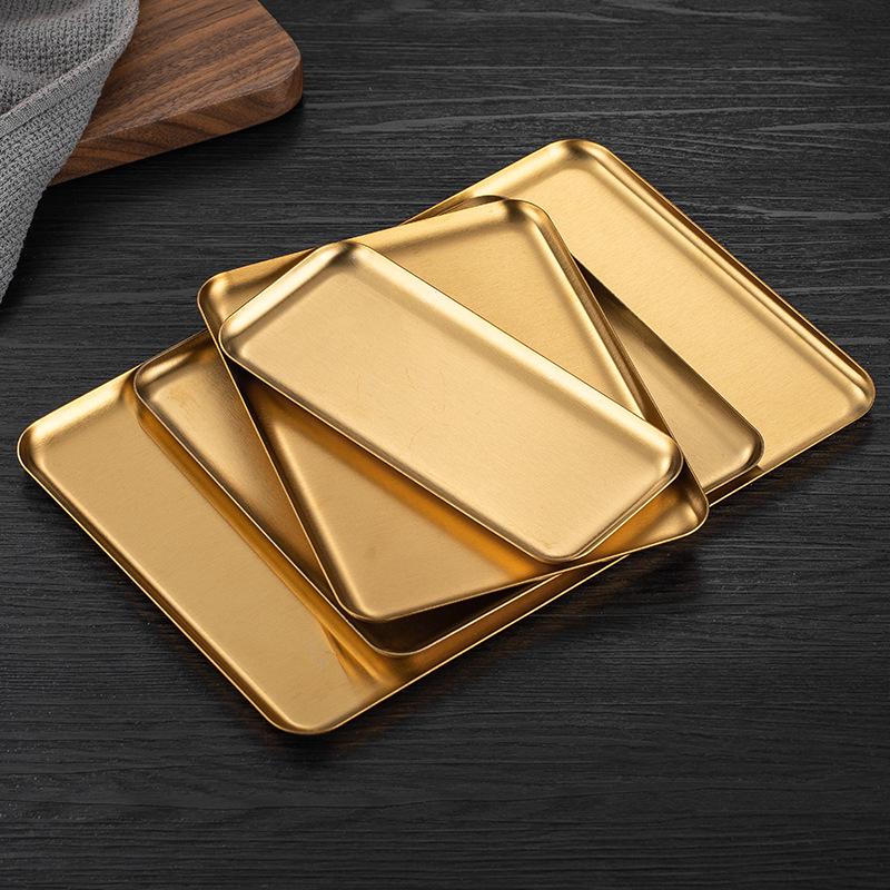 Gold Korean Style 304 Stainless Steel Rectangular Tray for Desserts and Barbecue