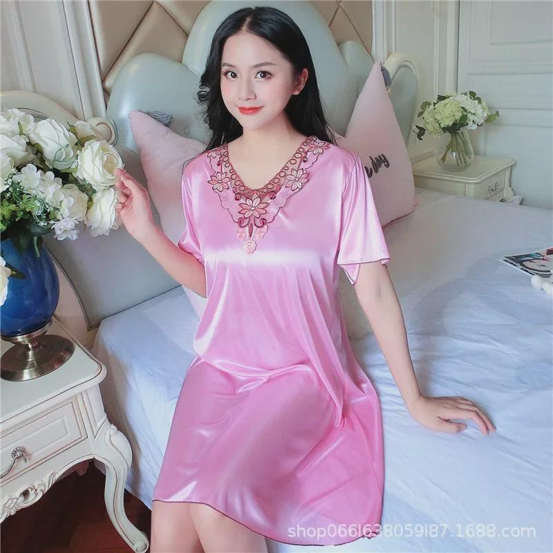 Summer Lace Ice Silk Pajamas: Loose, Short-Sleeved Nightdress for Women In Plus Sizes