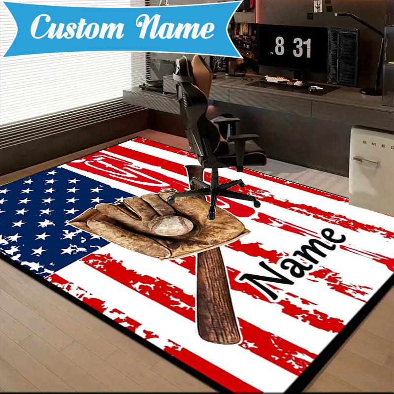 Custom Name Baseball Glove Bat Rug Game Carpet, Floor Mat for Bedroom Living Room Entryway Rug, Home Decor Idea Gift for Christmas Birthday