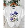European Size Women'S Bohemian Floral Print T-Shirt - Short Sleeve Crew Neck Casual Top with Vibrant Wildflower Design