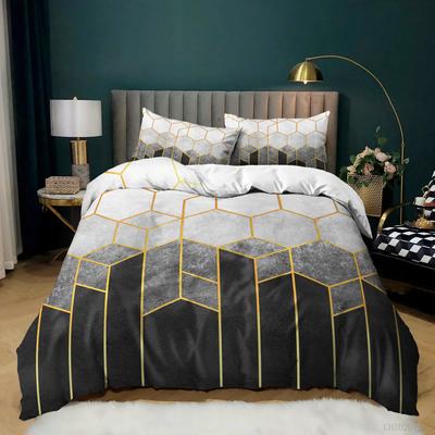 Wabenförmiges Bettbezug-Set Queen-Size Geometrisches Bettwäsche-Set Mikrofaser Goldener Sechseck Bettdeckenbezug Schwarz Farbverlauf Steppdeckenbezug