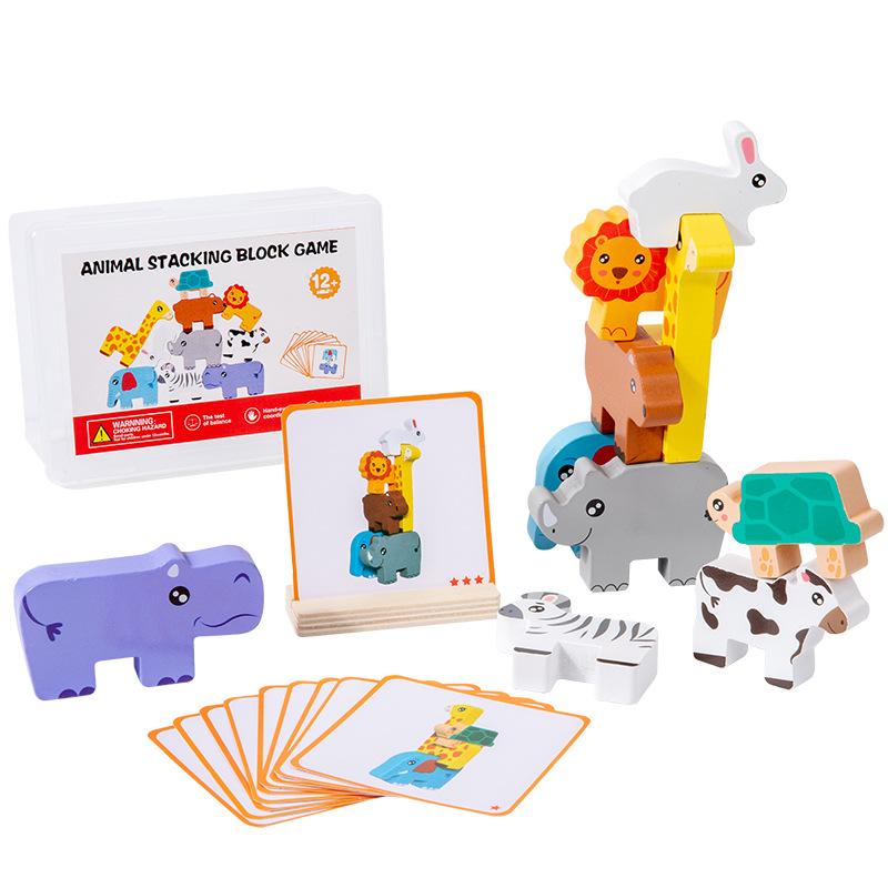 Montessori Educational Building Blocks Toys Kids Cognitive Early Learning Balance Stacking Block Game Wooden Forest Animals Set
