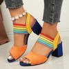 Women's Summer Colorful Ribbon Sandals - High Heel Cross Strap Ankle Strap Sandals, Round Toe Rhinestone Buckle Dressy Sandals for Ladies