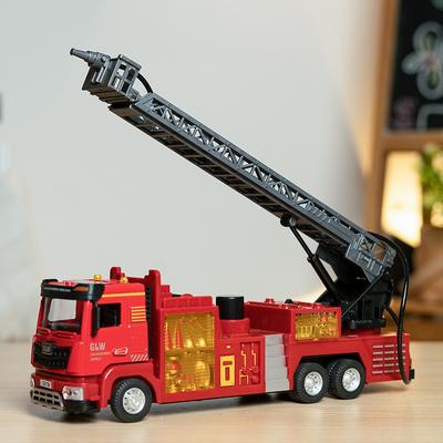 1:40 Fire Fighting Water Spray Truck Model Ladder Vehicle Kids Toys Alloy+Plastic Car Sound Light Pull Back Collection Boys Gift