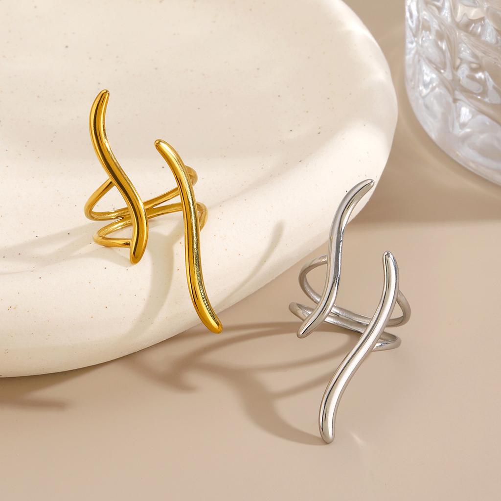 S Stainless Steel Gold Color Geometric Line Open Ring for Women Simple Metal Irregular Twisted Adjustable Rings Jewelry Gift