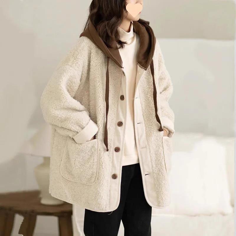 Oversized Hooded Lamb Wool Fleece Jacket with Patchwork Design and Button Closure