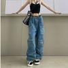 Multi-Pocket Blue Washed Cargo Pants Retro High Street Fashion High Waist Jeans Couple Harajuku Simple Casual Wide Leg Pants