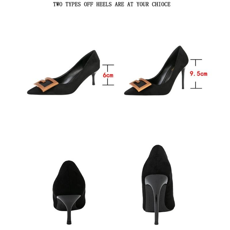 Women Fashion Metal Decoration Shallow Shoes Stiletto Heels Ladies Office Pointed Black Etiquette Single Shoes Dress Pumps Woman