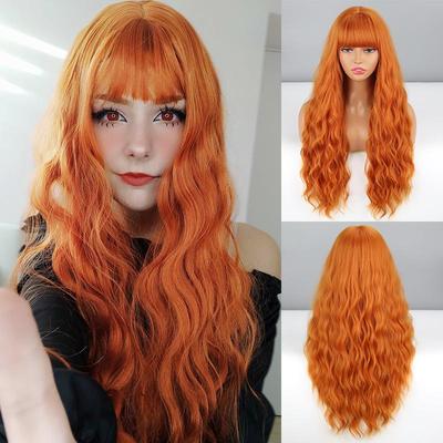Perruque femme longue ondulée Orange avec frange fibre synthétique Cosplay usage quotidien longue perruque ondulée naturelle couleur ombrée