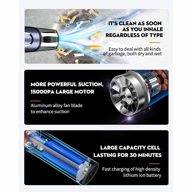 15000 PA 200W Powerful Car Vacuum Cleaner Portable Household Car Dry Wet Dual Purpose Vacuum Cleaner 4000MAH Handheld Vacuum Cleaner