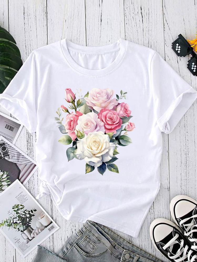 (Asian Size) Butterfly Flower Cute Short Sleeve T-shirts Print O-neck Fashion Female Casual Women's Top T Clothing Graphic Tee