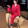 New Spring and Summer Ice Silk Pajamas Set, High-end Long-sleeved Trousers Two-piece Set, Women's Thin Red Loungewear