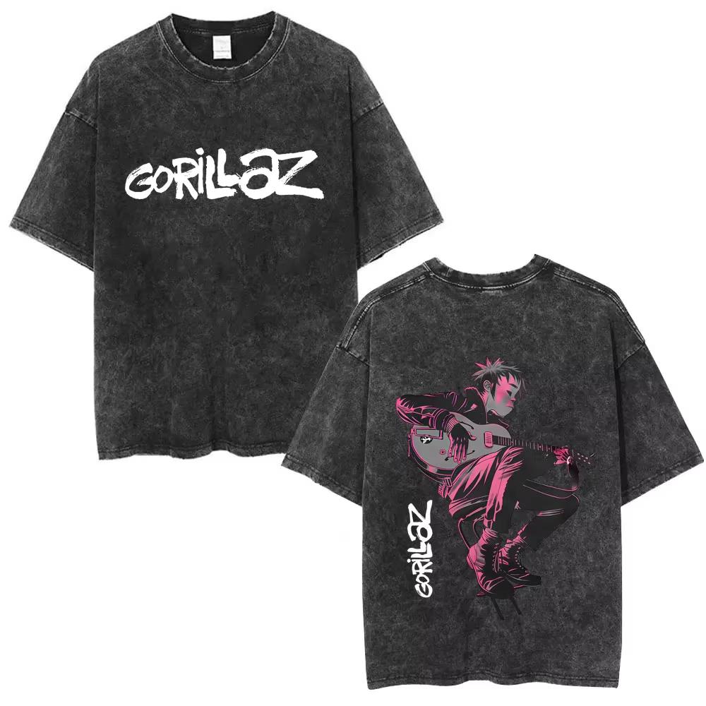 Washed Vintage Rock Band Gorillaz Cotton T Shirt Album Graphic Tshirt Mens Women Clothing Hip Hop Fashion Oversized Tshirts
