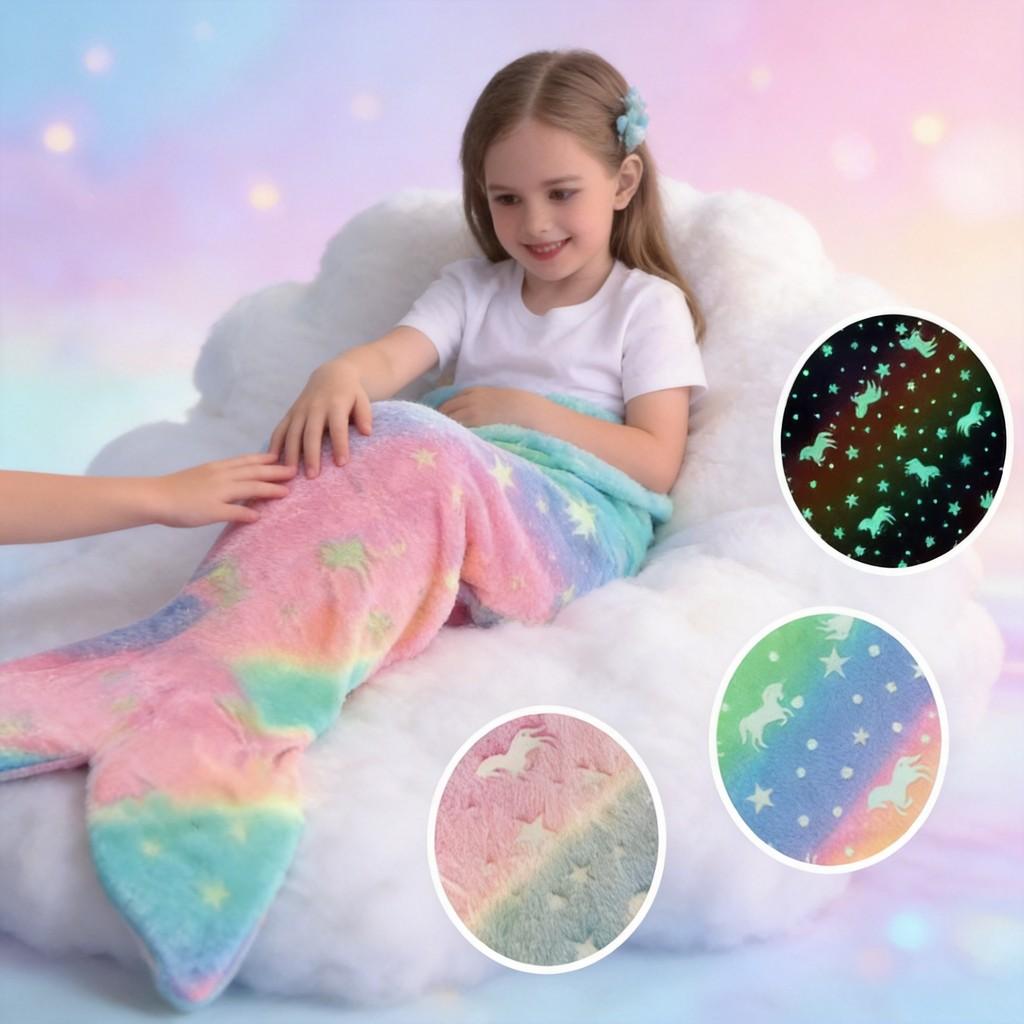 Glow In The Dark Modern Fleece Blanket For Kids With Cartoon Mermaid Stars And Sleepytime Warmth
