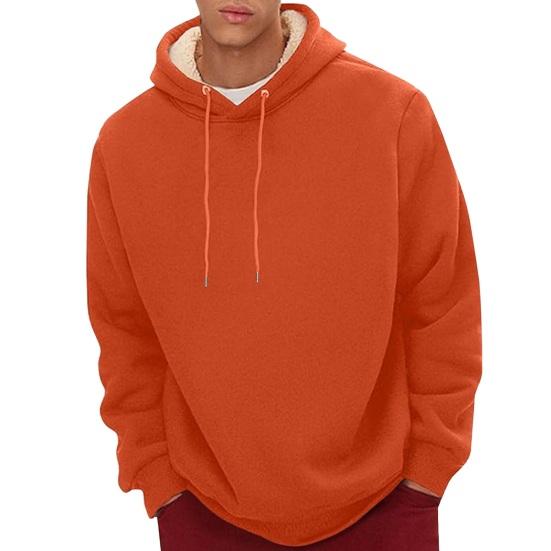 Winter Men Hoodie Plush-lined Solid Color Drawstring Loose Long Sleeves Thermal Top with Elastic Cuffs