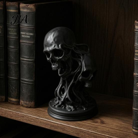 Unique Resin Desktop Decor 3D Printed Double Skull Ornament, Twisted Skeleton Figurine, Gothic Style Home Accents Statue for Halloween Bar &