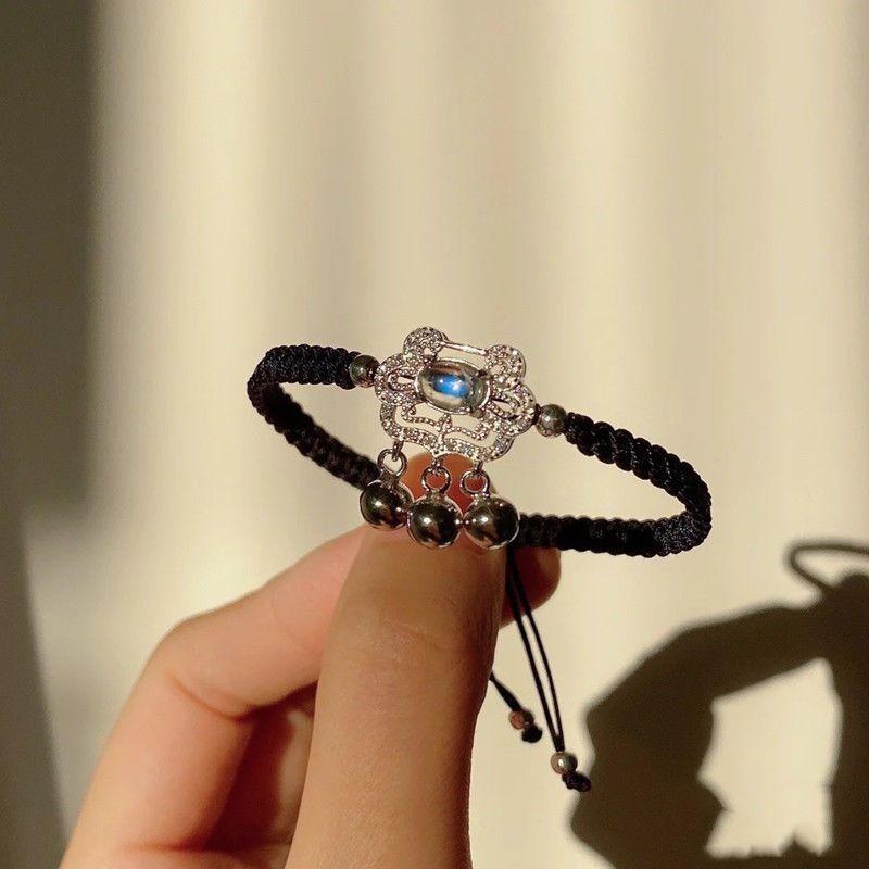 Moonstone safety lock bracelet female student Korean version retro woven black and red rope ins does not fade girlfriend gift