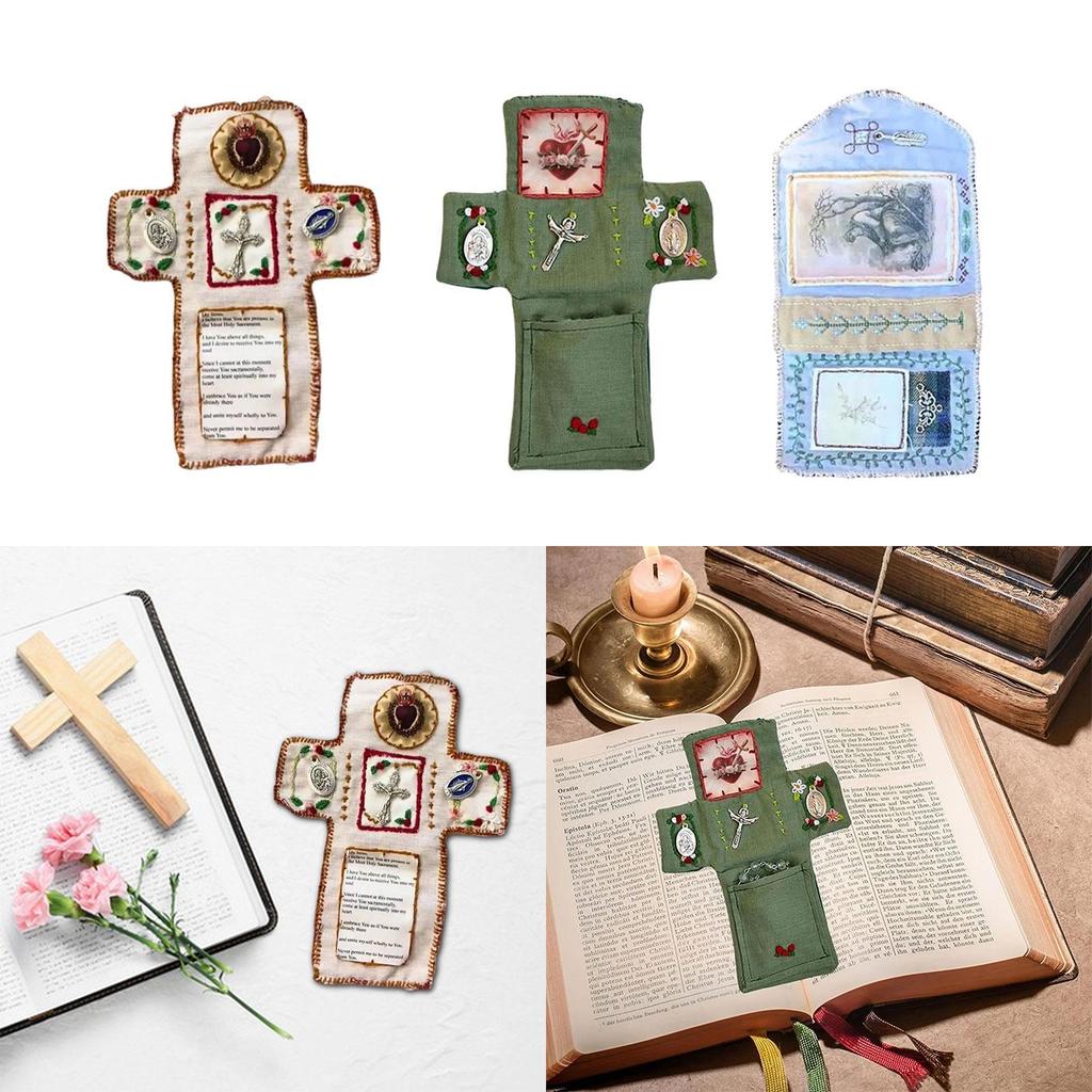 Cloth Pocket Prayer Shrine with Cross Portable Remembrance Ornament Miniature Travel Spiritual Gift for Family