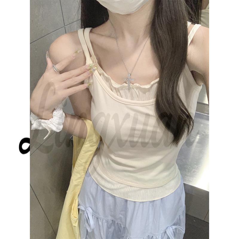 Summer Korean Style Slim Fit Contrast Color Two-Piece Design Camisole - Pure Cotton Vest Top