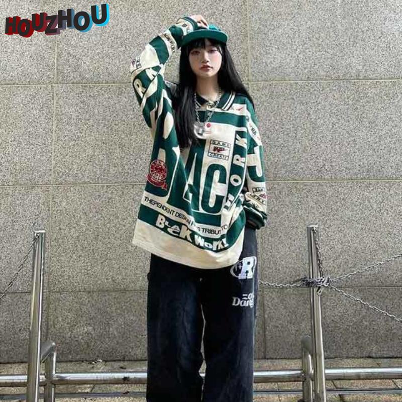 Pull ample surdimensionné vintage pour femme, streetwear décontracté, hip-hop, harajuku, polo à revers pour fille
