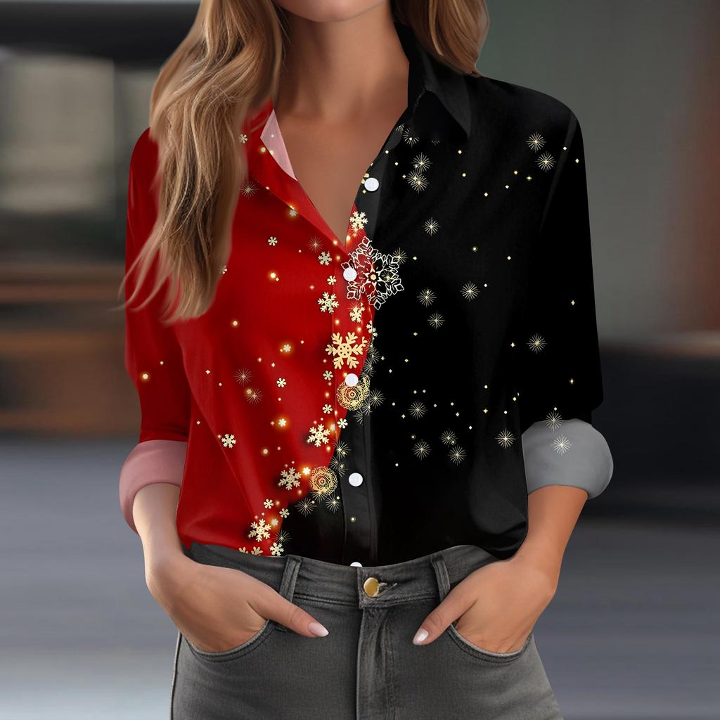 Women's Shirt Blouse Christmas Print Button Long Sleeve Casual Basic Shirt Collar Regular Top