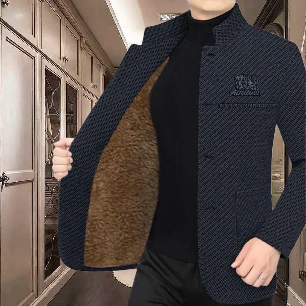 Herfst-Winter Dikkere Casual Veelzijdige Jas met Opstaande Kraag van Pluche Wol voor Mannen