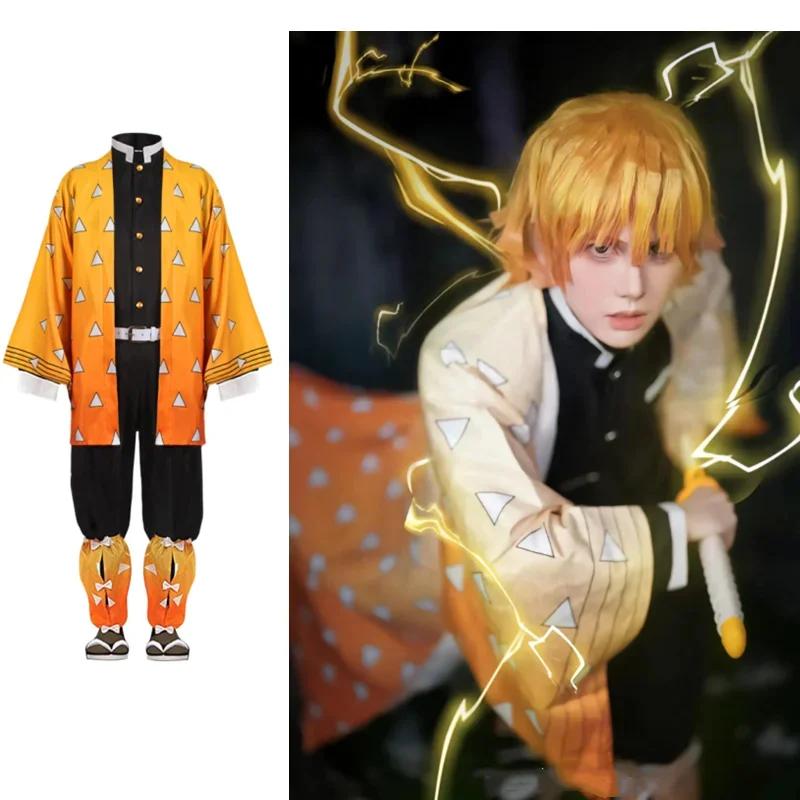 Anime Demon Slayer Kimetsu No Yaiba Agatsuma Zenitsu Cosplay Tuum Wig Women Kimono Uniform Halloween Christmas Party Clothing