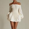 Women Off Shoulder Pleated Mini Dress Long Puff Sleeve Smocked Waist Ruffle Hem Solid Color Party Dress