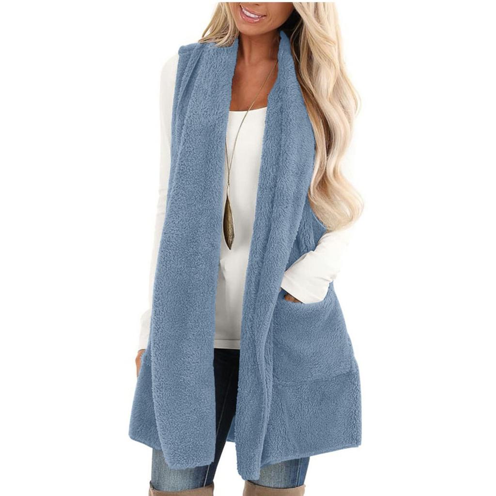Women's Fashion Color Casual Coat Plush Vest Top With Pockets