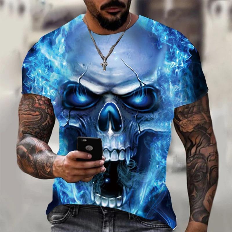 Herren Sommer 3D Druck Totenkopf personalisiert cooles Druckmuster Punk Rock Retro Herren Trendiges Cooles Kurzarm T-Shirt