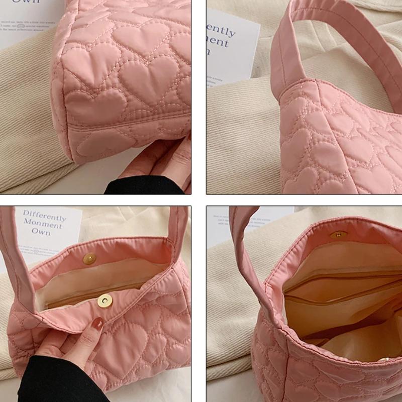 Solid Color Quilted Tote Bag Large Capacity Cotton Padded Handbag Trendy Fluffy Shoulder Bag for Winter Travel