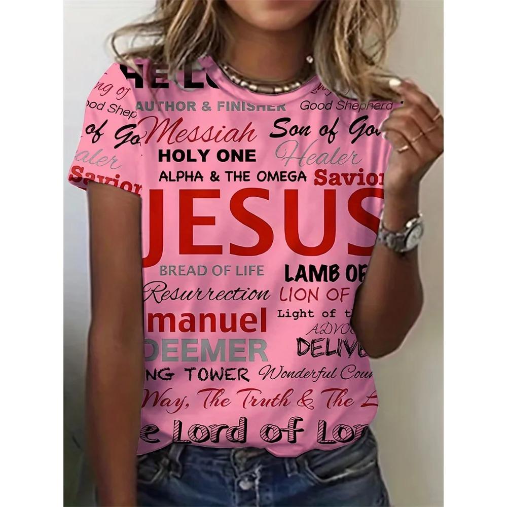 T-shirt Décontracté pour Femme Pâques Impression Alphabet Jésus Haut à Manches Courtes Col Rond pour Femme Mode de Rue Quotidienne Hauts Y2k pour Femme