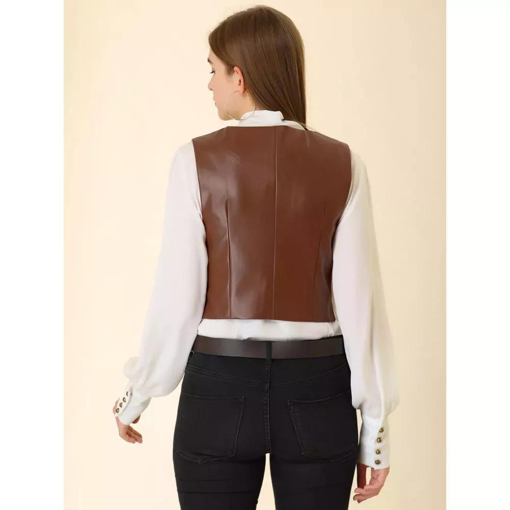 Western Women Party Brown Leather Stylish Button Vest Coat Waist Coat Lambskin