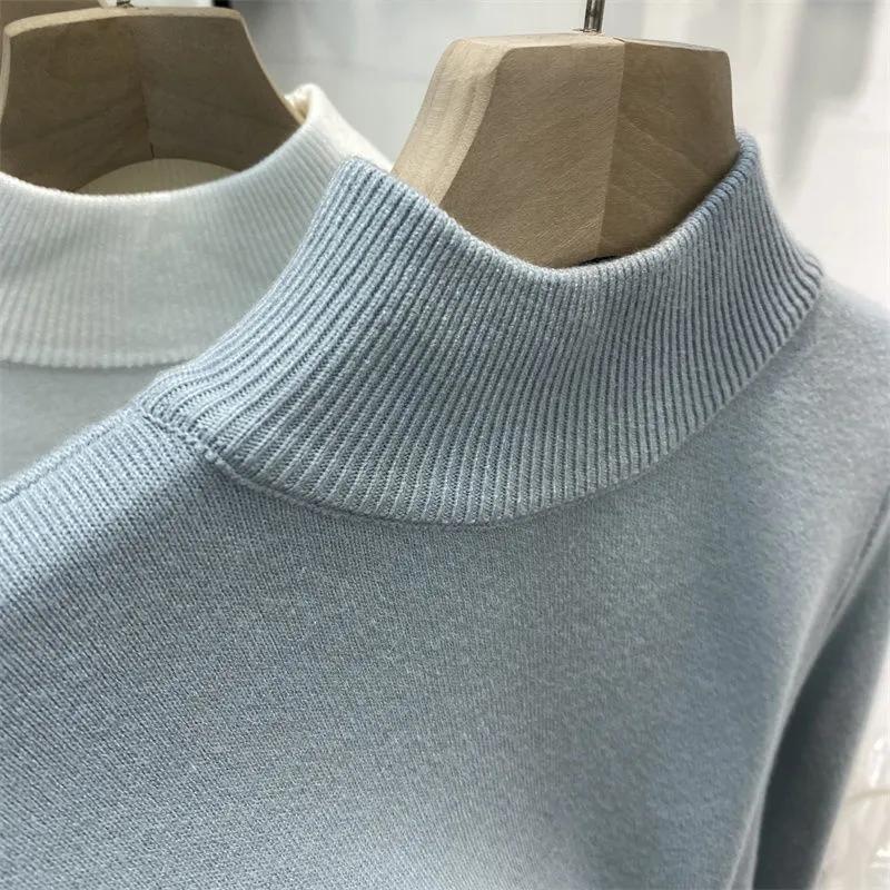 Korean Half High Collar Slim Thick Knitted Pullovers Women Winter Plus Velvet Warm Sweaters Solid Casual Fleece Lined Jumpers
