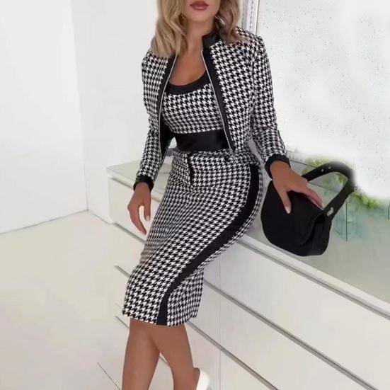 3 Pcs/Set Women Vest Coat Skirt Suit High Waist Zipper Closure Color Matching Herringbone Print Slim Fit Knee Length Skirt Elegant OL Commute Style