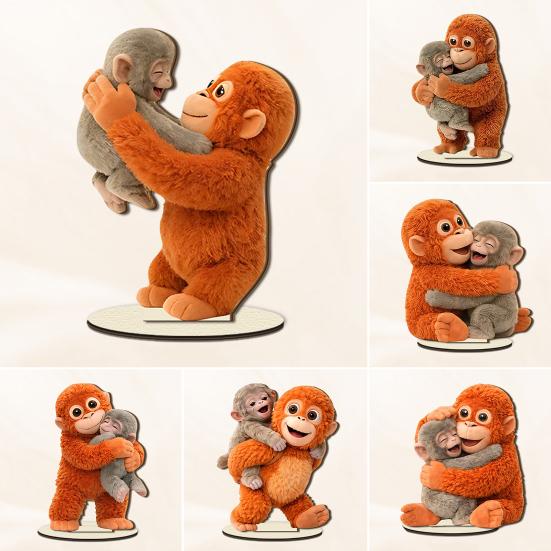 Cute Monkey Table Sign 2D Baby Monkey Holding Plush Toy Wooden Desktop Ornaments for Home Office Decor Heartwarming Gifts for Friends