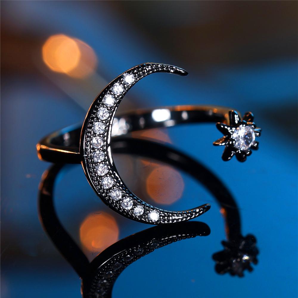 Charm Vrouwelijke Kristallen Maan Ster Open Ring Zwart Goudkleurig Vintage Bruiloftssieraden Voor Vrouwen
