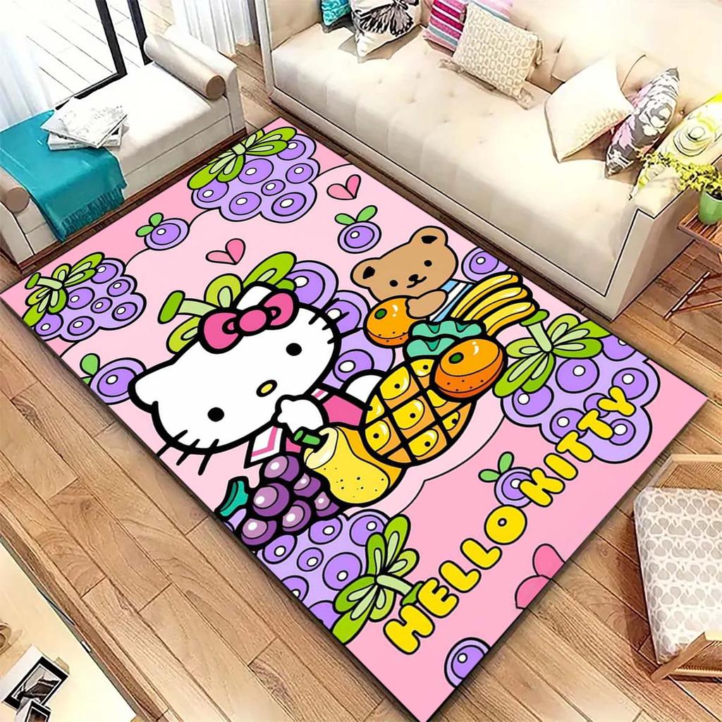 Cute Hello Kitty cartoon print rug, non-slip and stain-resistant, perfect for bedroom and living room home decor.