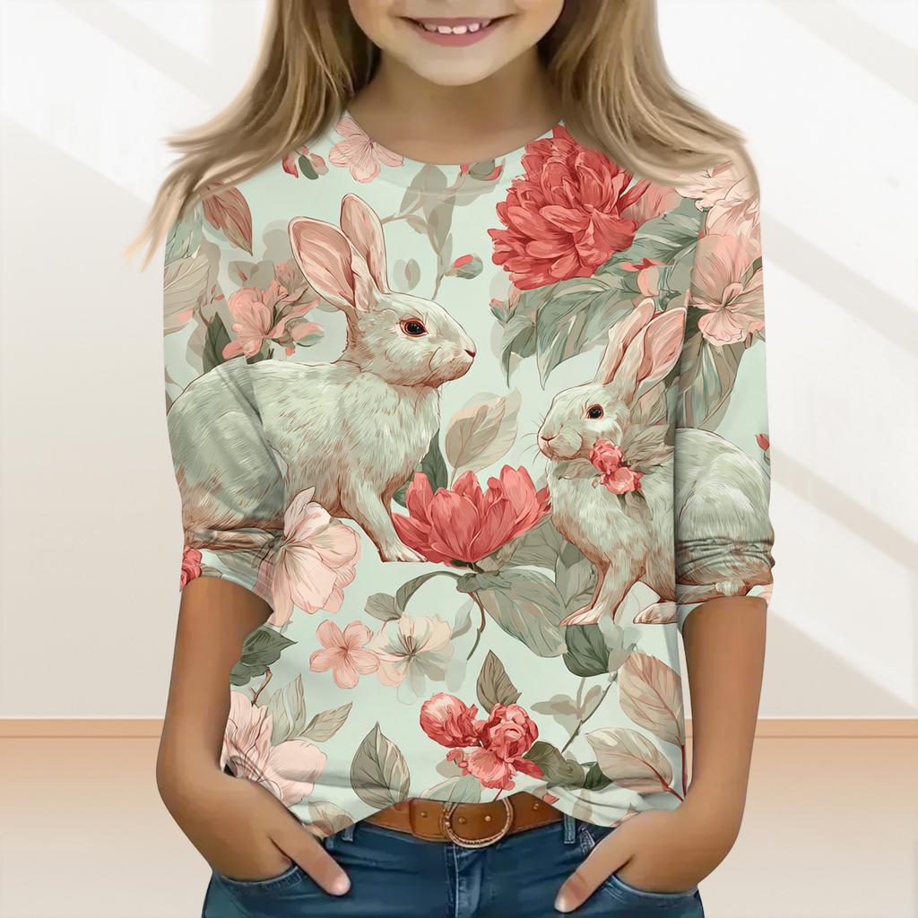 Children's Three-quarter Sleeve Round Neck Top With Easter Print, Casual Everyday Top