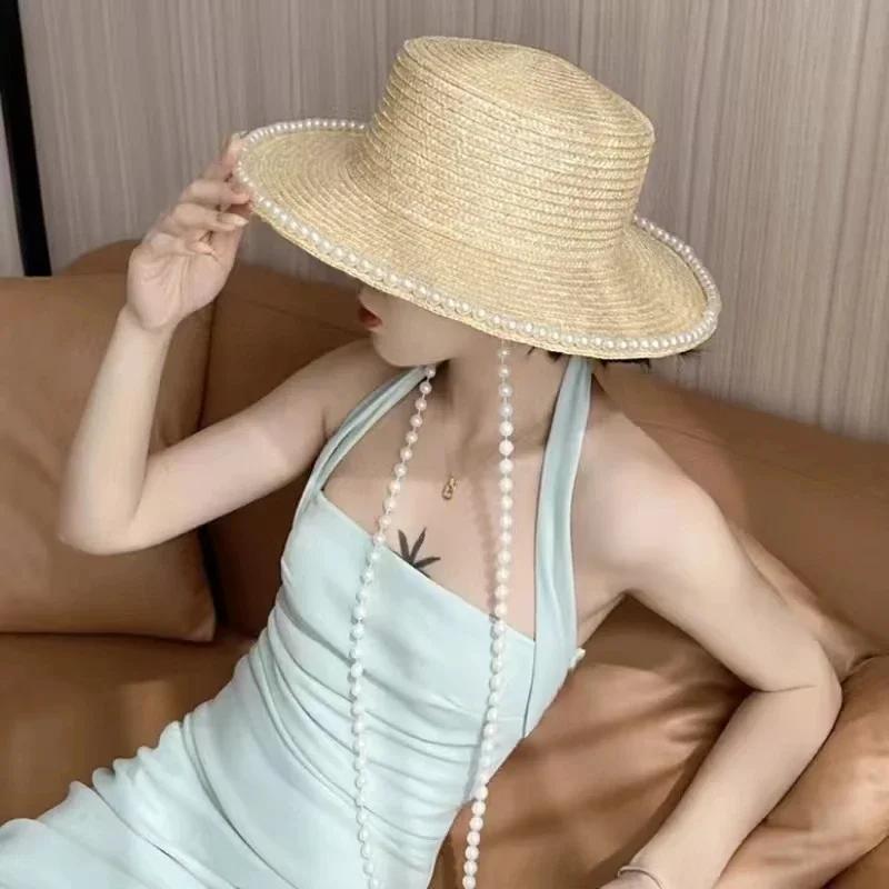 Women's Summer Sun Protection Sun Hats with Pearl Chain, Eaves Straw Fashion Straw Hats for Outdoor Travel