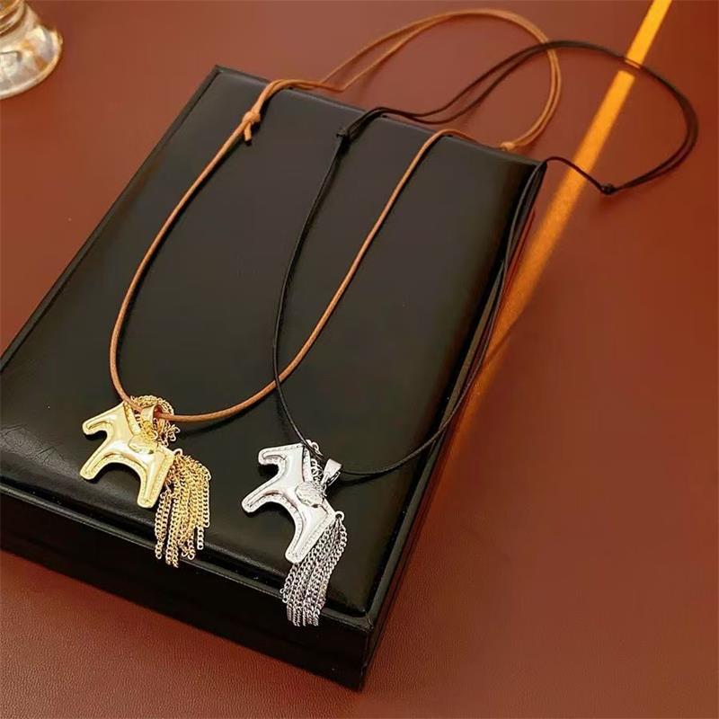 Fashion Titanium Steel Horse Pony Tassel Pendant Necklaces Women Mujer Adjusting Long Rope Sweater Chain Neck Accessories Gifts