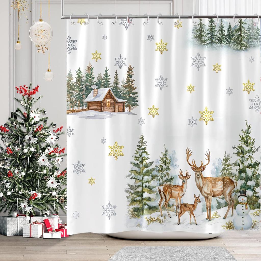 Christmas Shower Curtains Merry Xmas Green Christmas Tree Winter White Snow Gold Stars Red Scarf Bathroom Shower Curtain Xmas