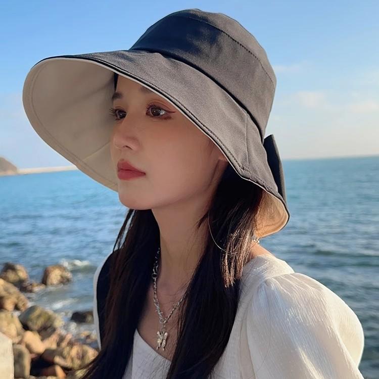 Women Big Bowknot Bucket Hat Solid Color Wide Brim Sun Protection Fisherman Panama Cap Sweet Girl Female Travel Beach Visors Hat
