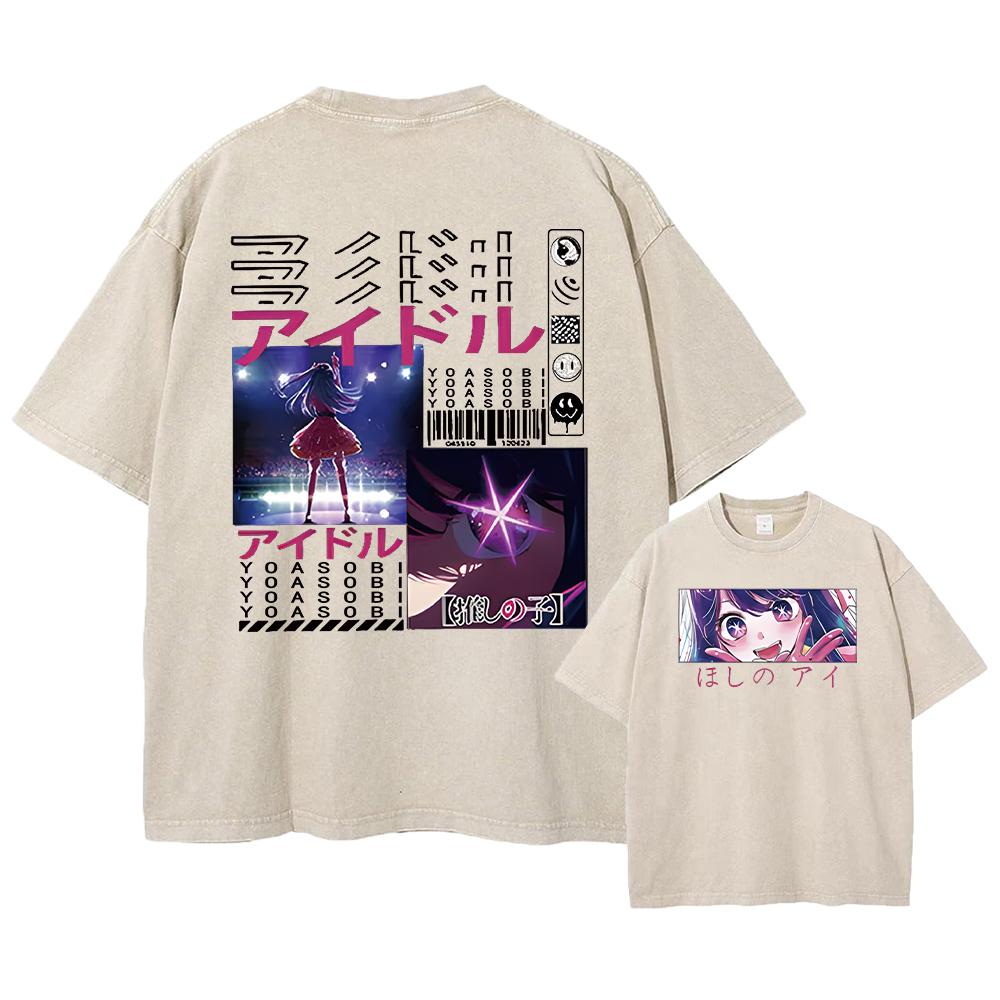 Men Streetwear Vintage Washed Tshirt Anime Oshi No Ko Print Cute T-Shirt Summer Harajuku 100% Cotton Tops Tees Unisex