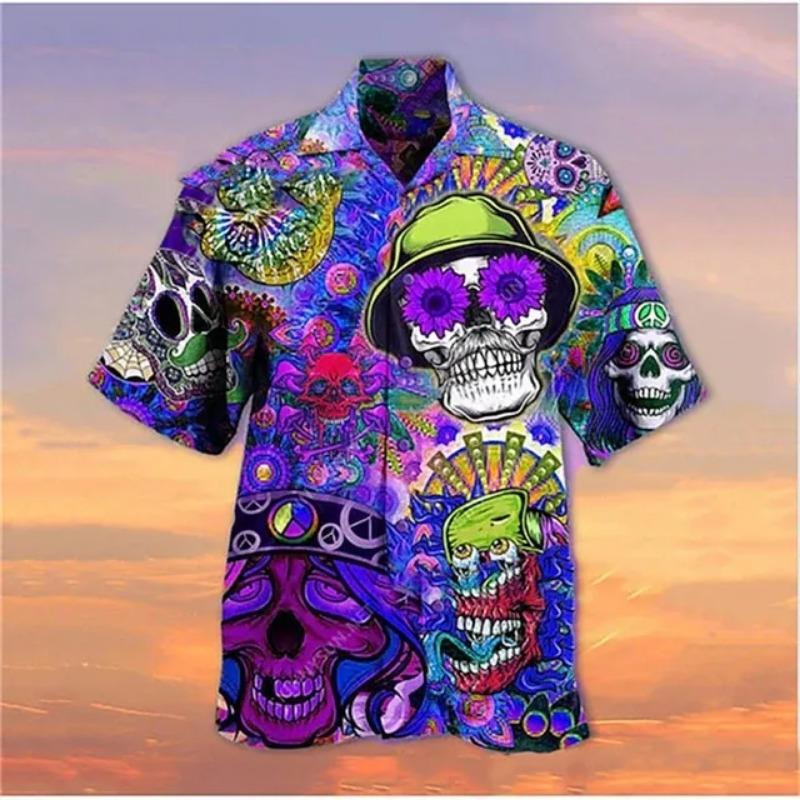 New Skull Lapel Men's Shirt Horror 3D Print Casual Hawaiian Shirt Men's Retro Shirt Button Up Men's Short Sleeve Shirt