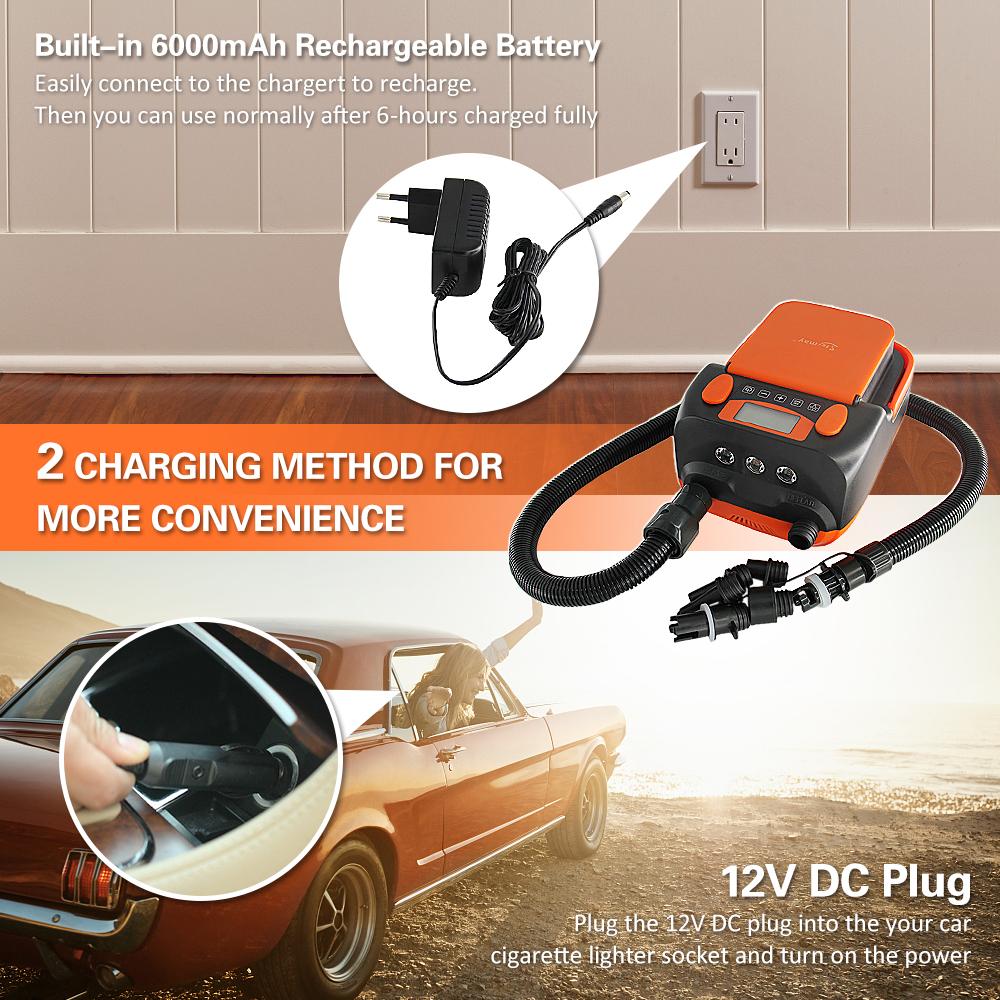 Bomba de aire inteligente de doble etapa de 16PSI con 6 boquillas, pantalla LCD, soporte de bomba eléctrica de 6000mAh