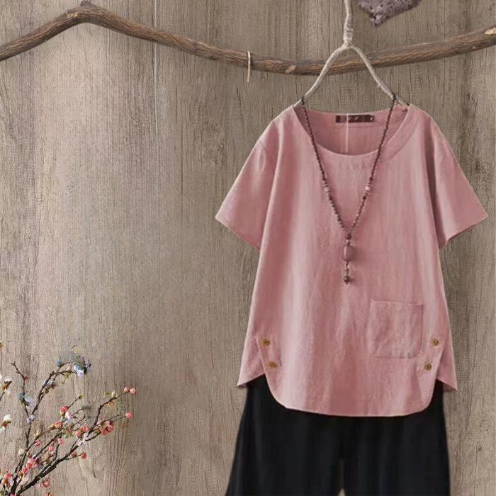 New Summertime Imitation Cotton and Linen Fat MM Large Size Informal Simple Retro Solid Color Loose Short-sleeved T-shirt for Women